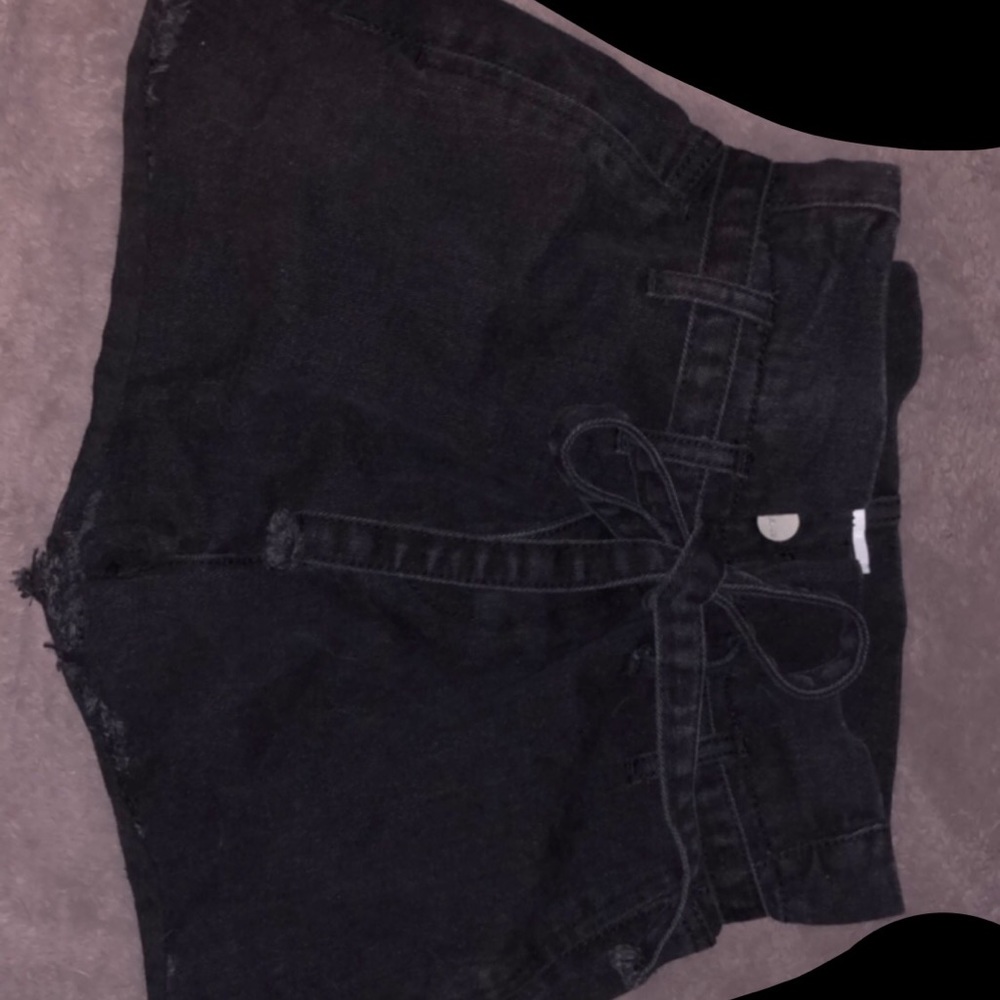 Black denim paper bag shorts